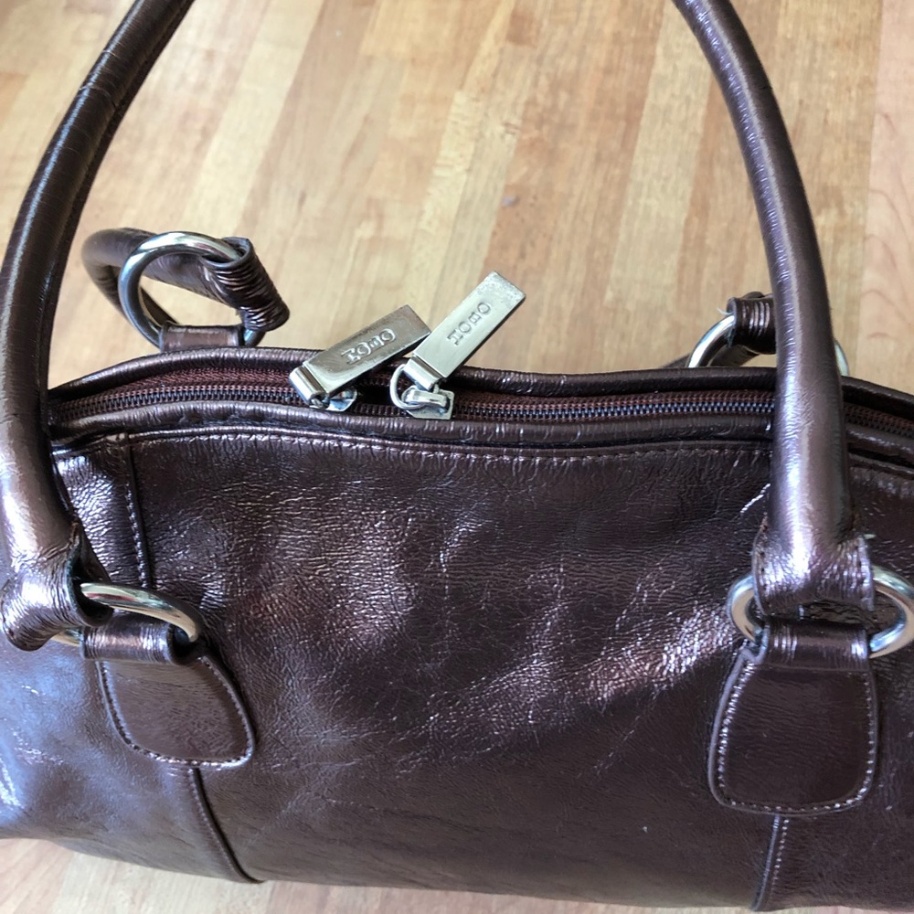 HOBO International Patent Metallic Lined Shoulder Satchel Leather Bag Brown - Picture 3 of 9